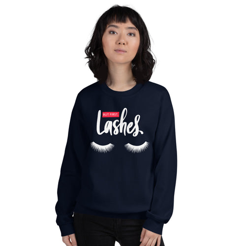 Navy But First Lashes Makeup Enthusiast Pullover Crewneck Sweatshirt