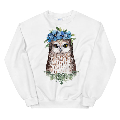 Owl Sweatshirt | Flower Crown Owl Sweatshirt for Women in White