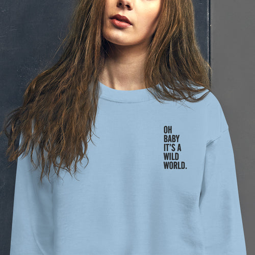 Oh Baby It's a Wild World Embroidered Saying Pullover Crewneck Sweatshirt