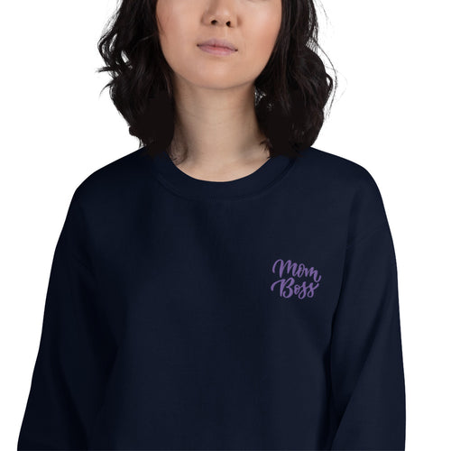 Mom Boss Embroidered Pullover Crewneck Sweatshirt for Women