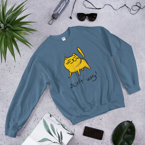 Don't Worry Sweatshirt | Yellow Cat Inspirational Quote Crewneck for Women