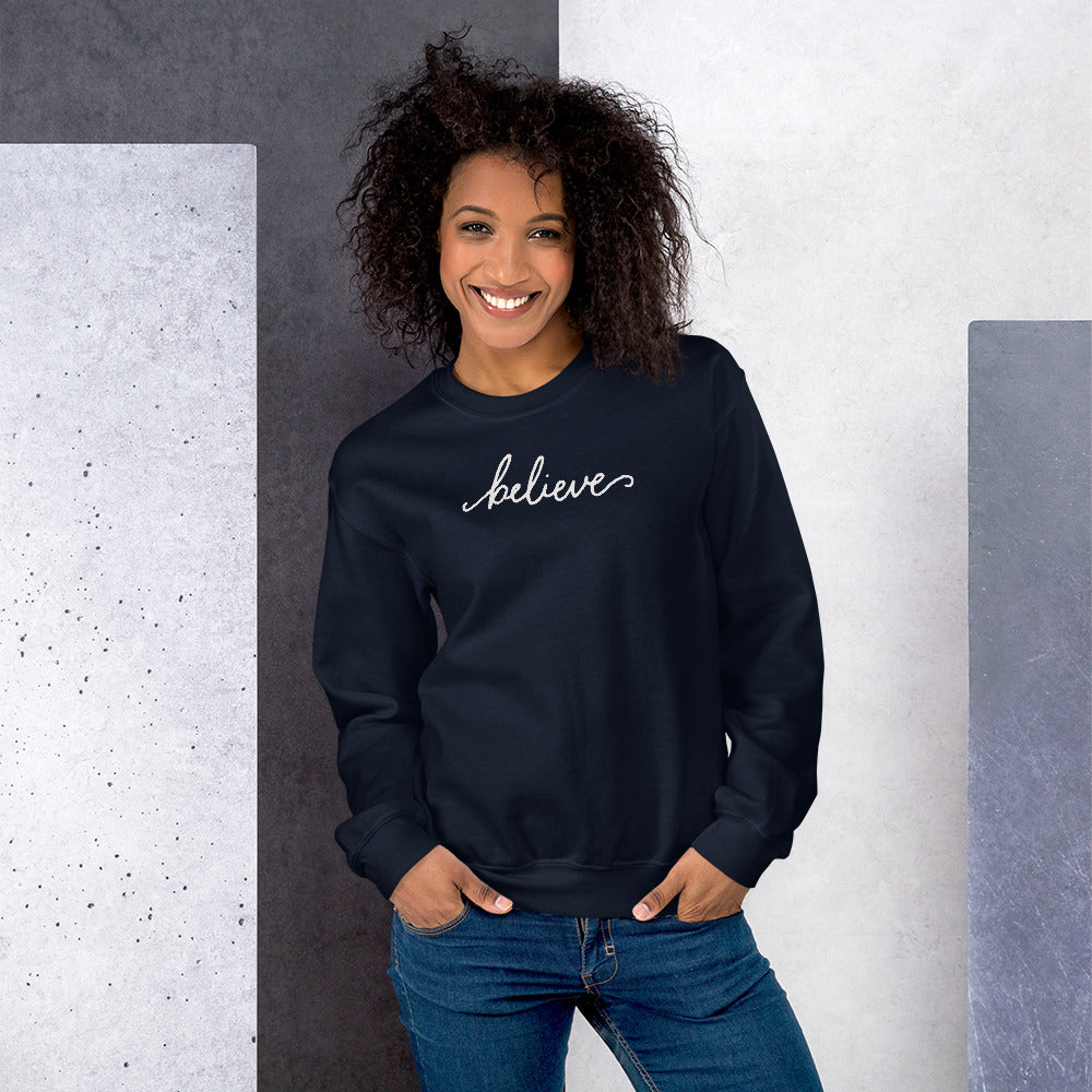 Navy Believe Motivational Pullover Crewneck Sweatshirt for Women