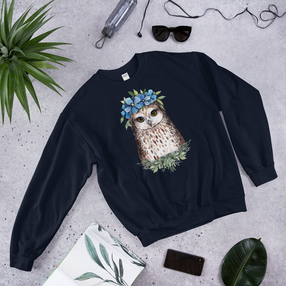 Owl Sweatshirt | Flower Crown Owl Sweatshirt for Women in Navy