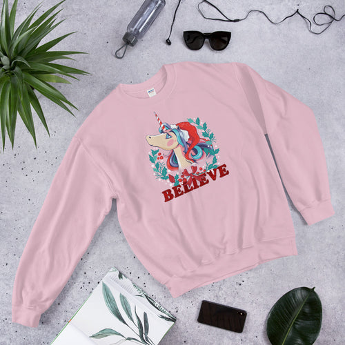 Christmas Unicorn Face Believe Crewneck Sweatshirt for Women