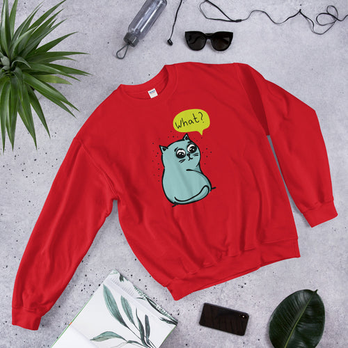 What? Cat Meme Sweatshirt | Funny Sarcastic Cat Crewneck for Women