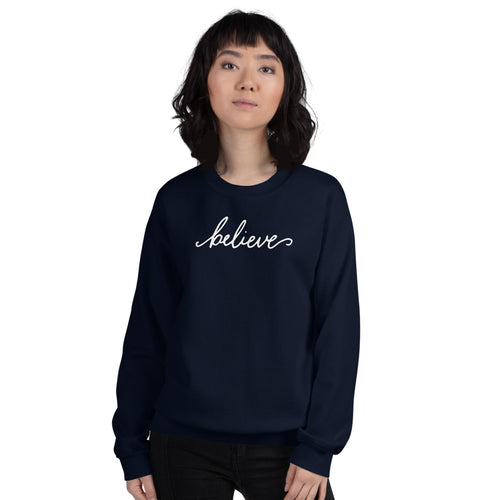 Navy Believe Motivational Pullover Crewneck Sweatshirt for Women