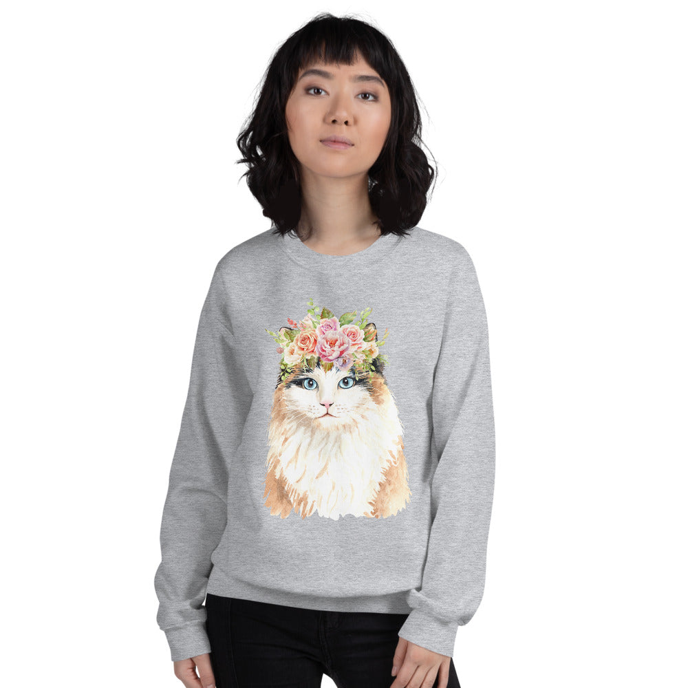 Cat with Flower Crown Crewneck Sweatshirt for Women
