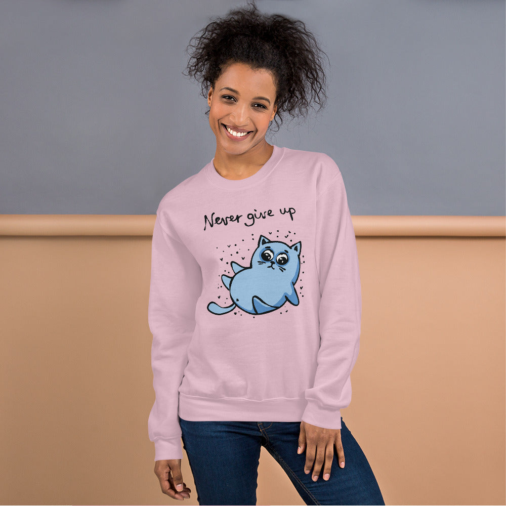 Never Give Up Sweatshirt | Blue Cat Inspirational Quote Crewneck for Women