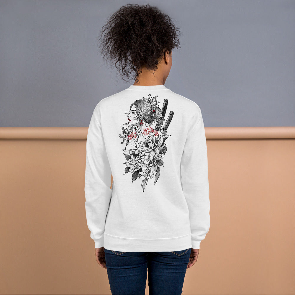 Japanese Woman Samurai Warrior Sweatshirt in White Color