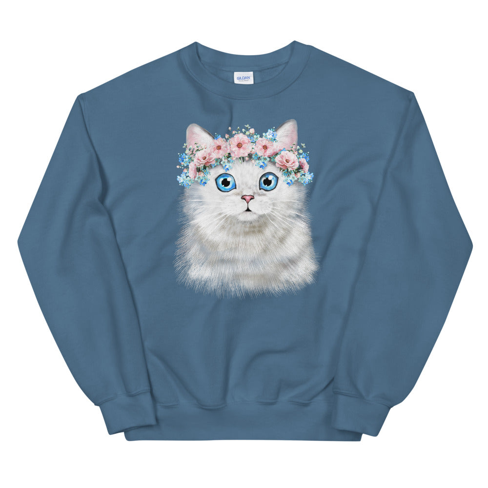 Blue Eyed Flower Crown White Cat Crewneck Sweatshirt