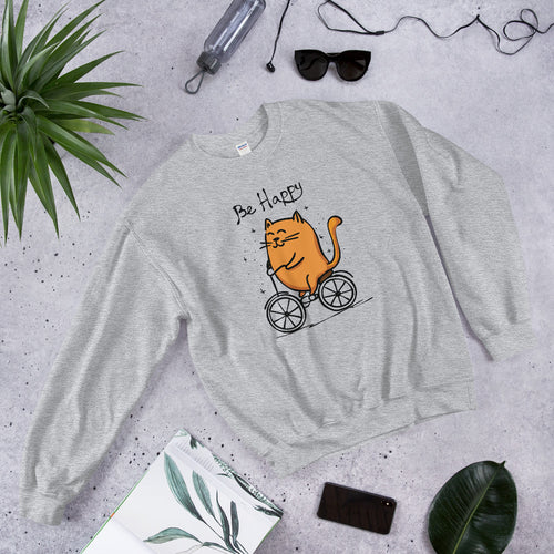 Be Happy Cat Sweatshirt | Happy Cycling Cat Crewneck for Women