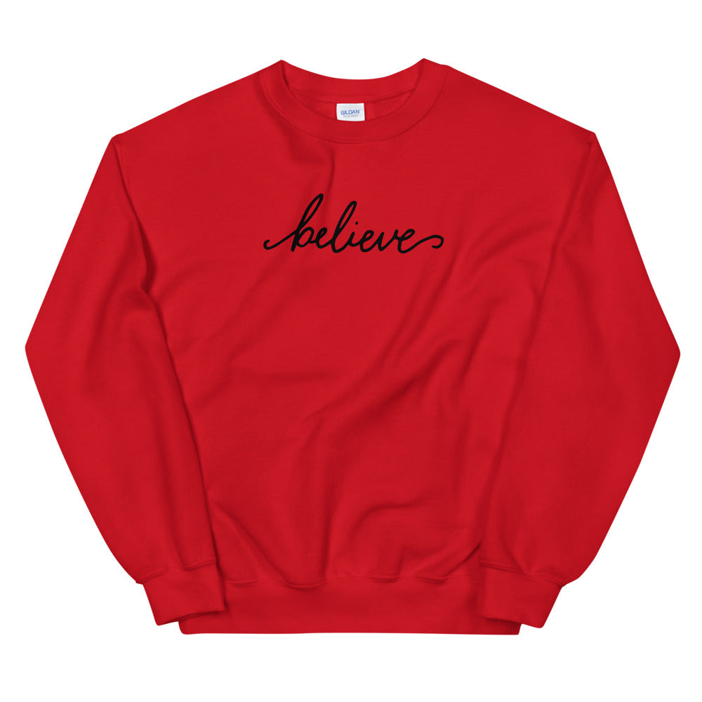 Red One Word Believe Motivational Pullover Crewneck Sweatshirt for Women