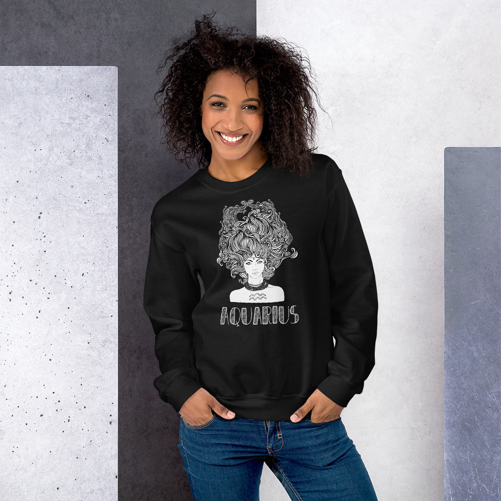 Black Aquarius Zodiac Pullover Crewneck Sweatshirt for Women