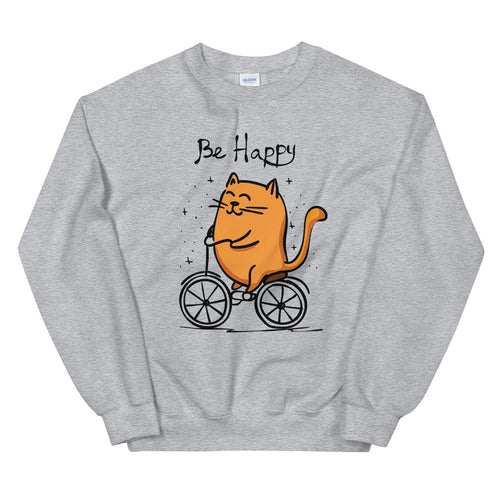 Be Happy Cat Sweatshirt | Happy Cycling Cat Crewneck for Women