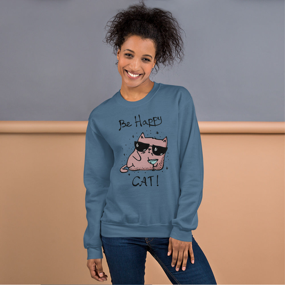 Be Happy Cat Graphic Crewneck Sweatshirt for Women