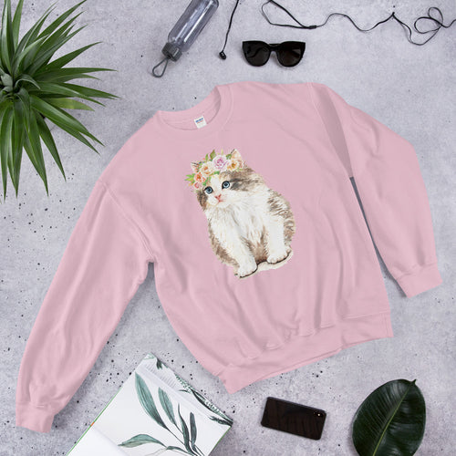 Cute Fluffy Cat with Flower Crown Crewneck Sweatshirt