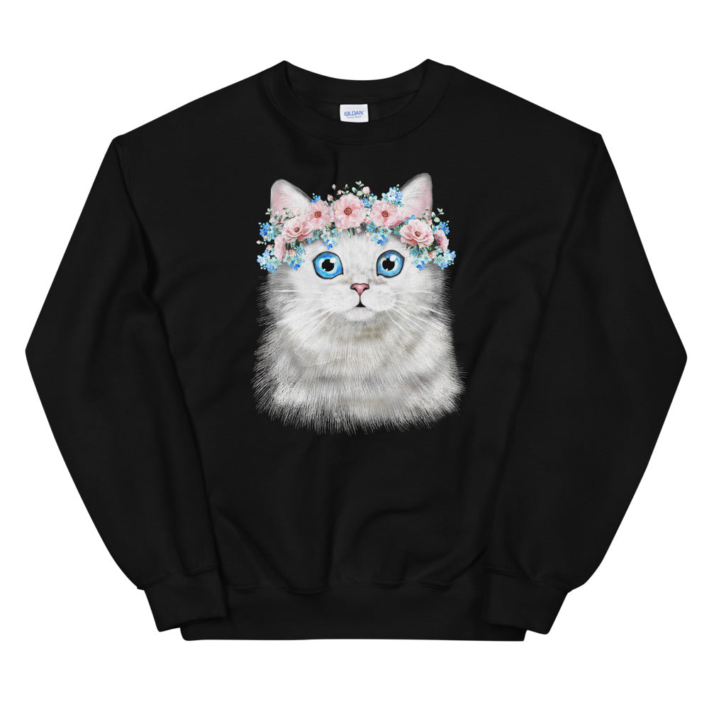 Blue Eyed Flower Crown White Cat Crewneck Sweatshirt