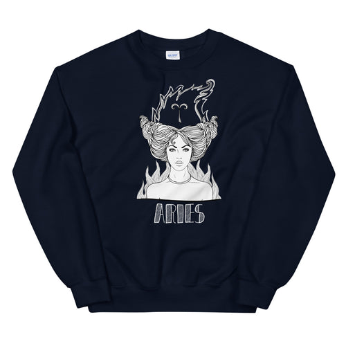 Navy Blue Aries Zodiac Sign Pullover Crewneck Sweatshirt for Women