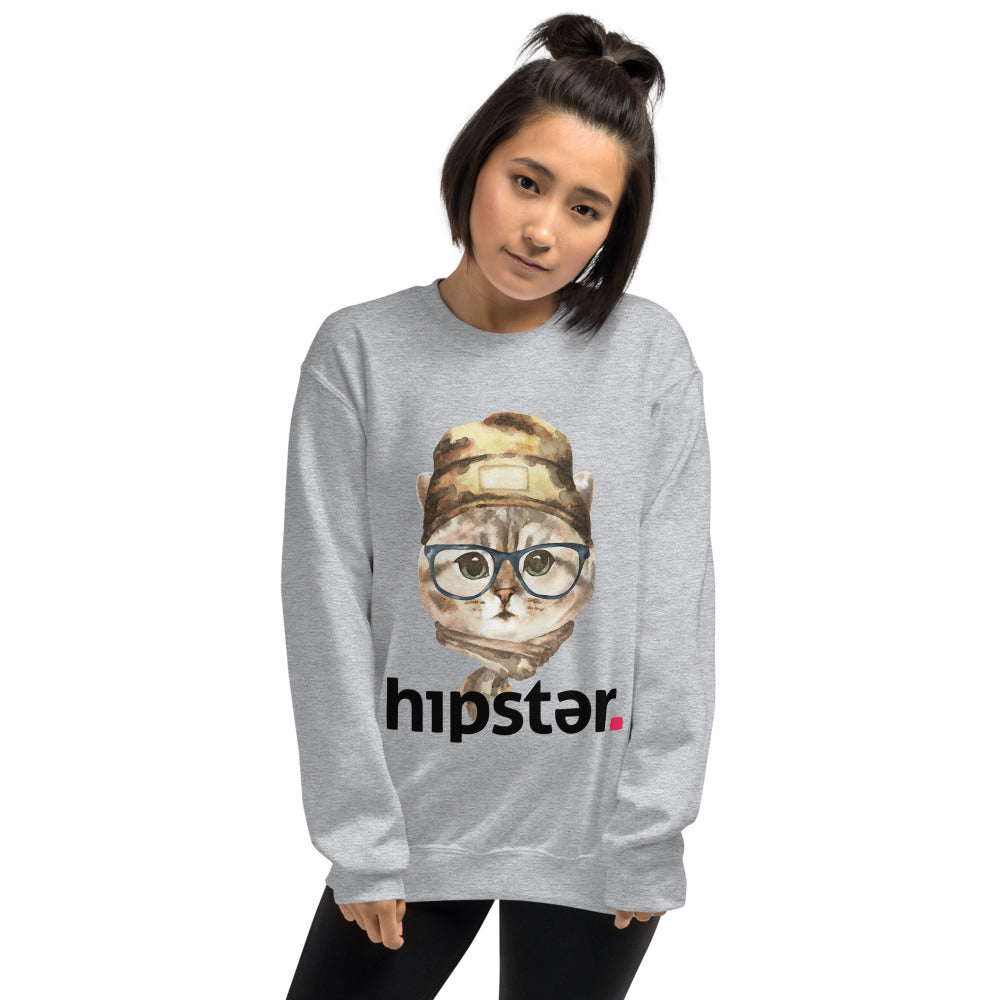 Hipster Cat Art Drawing Graphic Meme Crewneck Sweatshirt