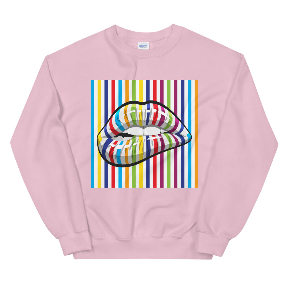 Colourful Lines Lip Bite Print Lip BiteCrewneck Sweatshirt for Women