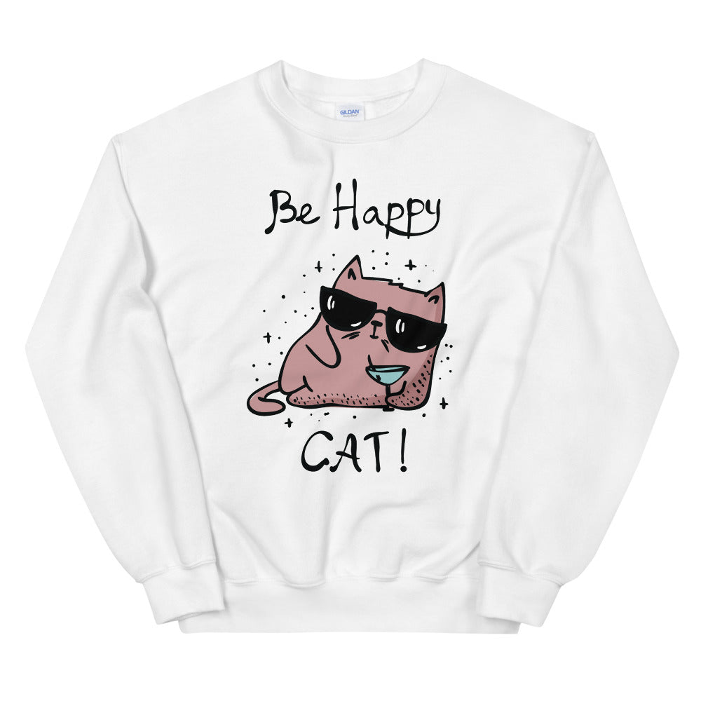Be Happy Cat Graphic Crewneck Sweatshirt for Women