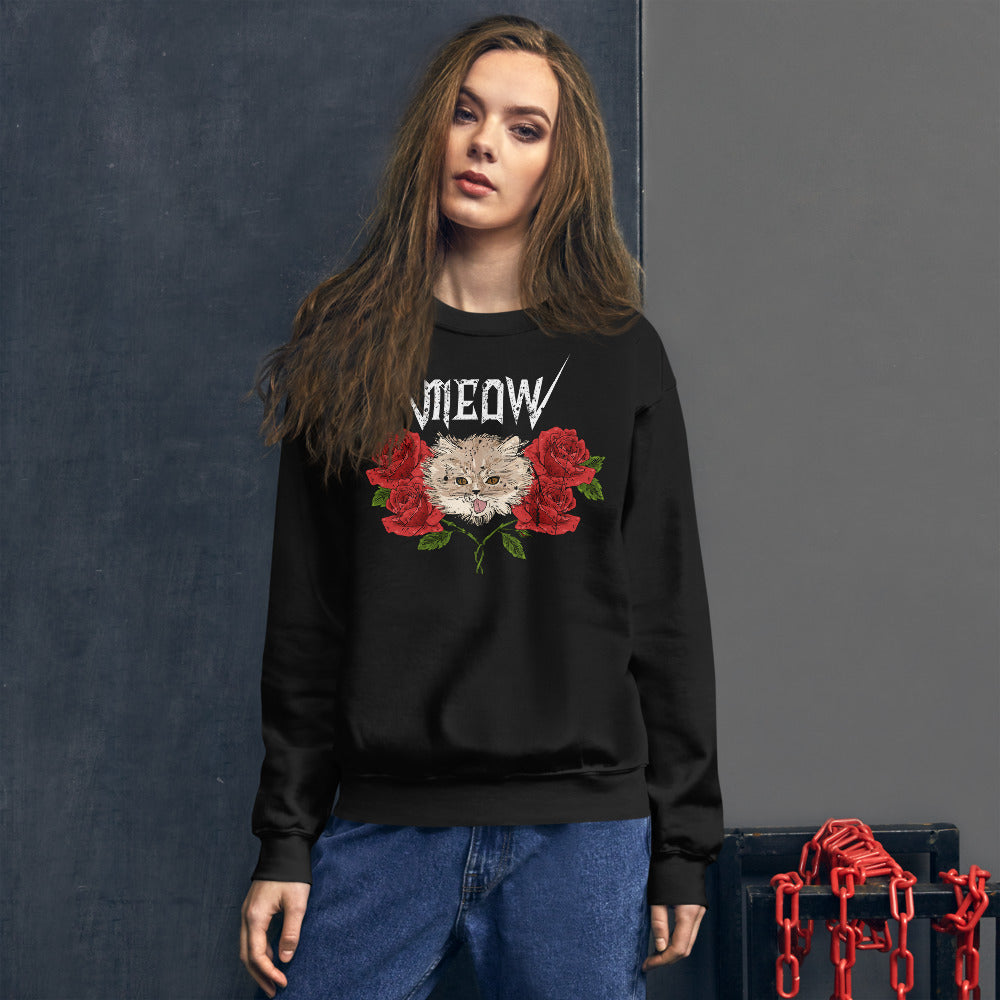 Meow Sweatshirt | Vintage design Cat Meow with Roses Sweatshirt for Women