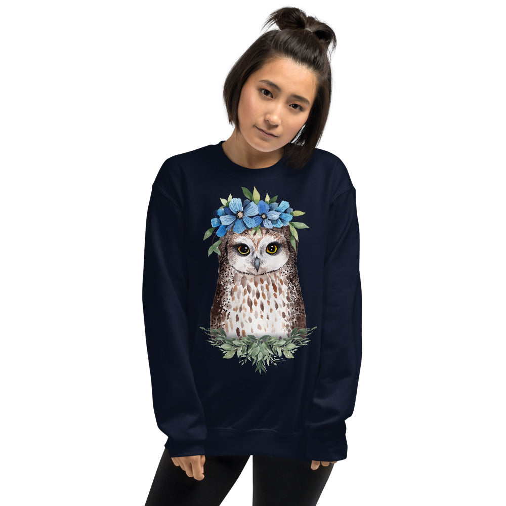 Owl Sweatshirt | Flower Crown Owl Sweatshirt for Women in Navy