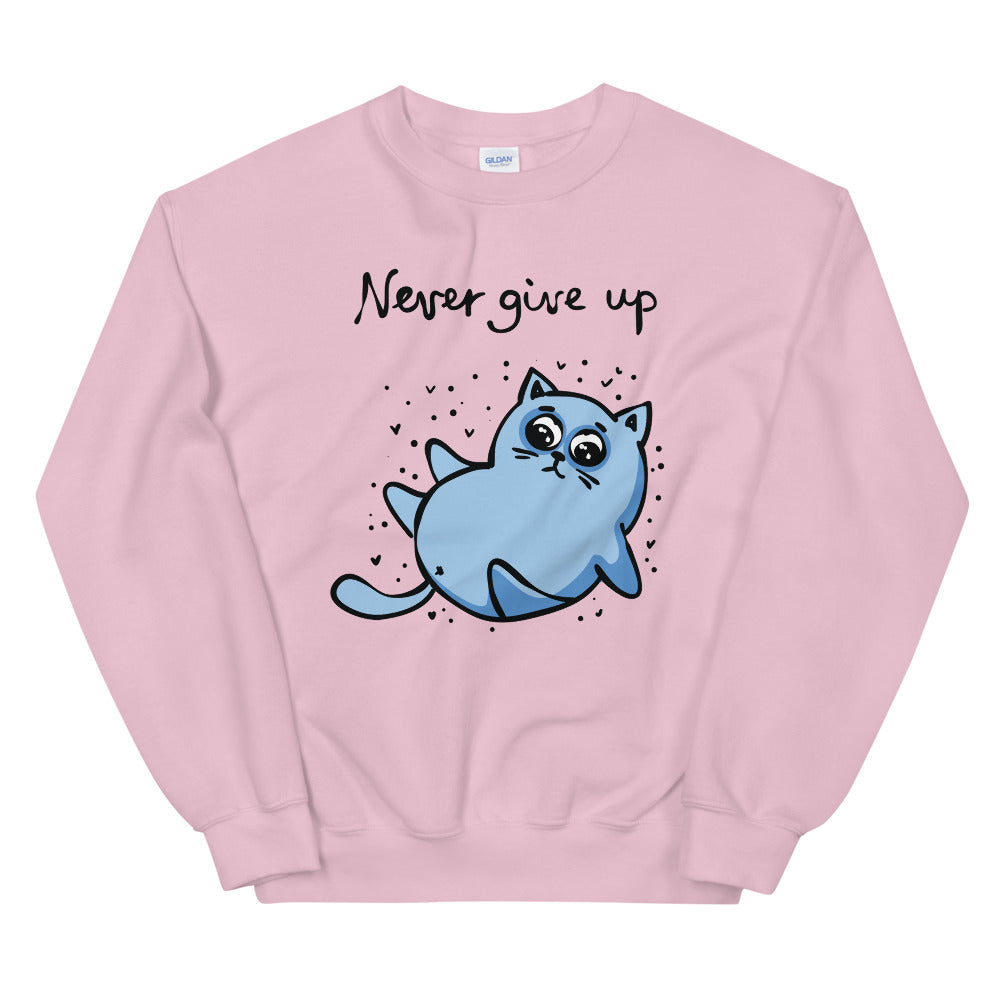 Never Give Up Sweatshirt | Blue Cat Inspirational Quote Crewneck for Women