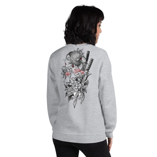 Japanese Woman Samurai Warrior Sweatshirt in Grey Color