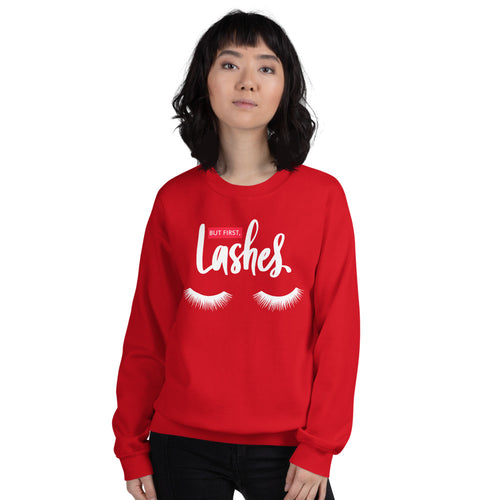 Red Color "But First Lashes" Makeup Lover Pullover Crewneck Sweatshirt