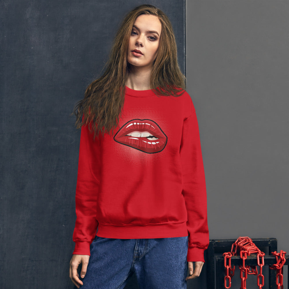 Red Pop Art Biting Lip Crewneck Sweatshirt for Women