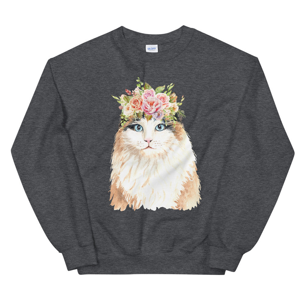 Cat with Flower Crown Crewneck Sweatshirt for Women