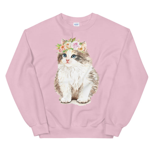 Cute Fluffy Cat with Flower Crown Crewneck Sweatshirt