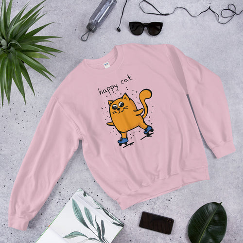 Happy Cat Sweatshirt | Skating Happy Kitten Crewneck for Women