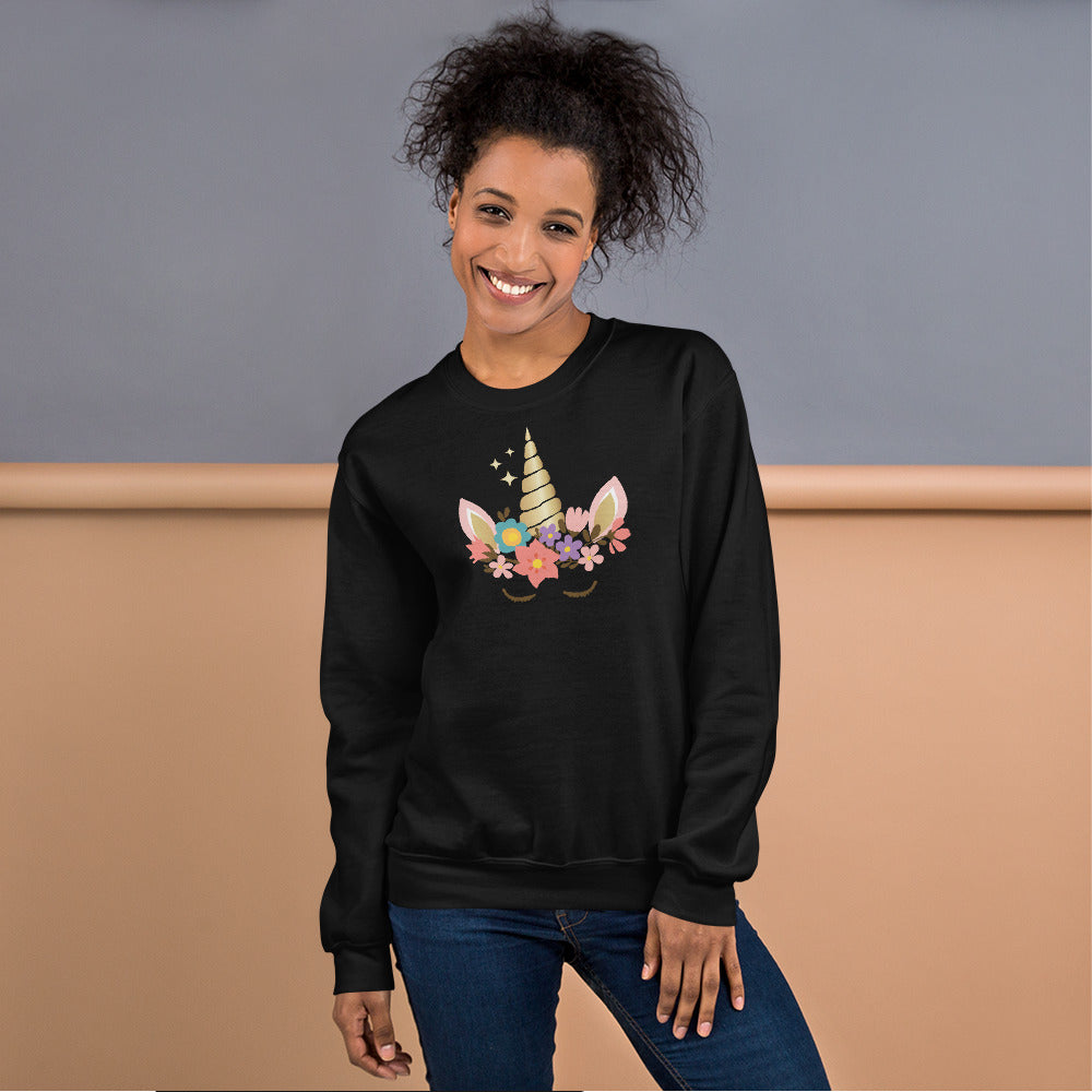 Black Cute Unicorn Face Pullover Crewneck Sweatshirt for Women
