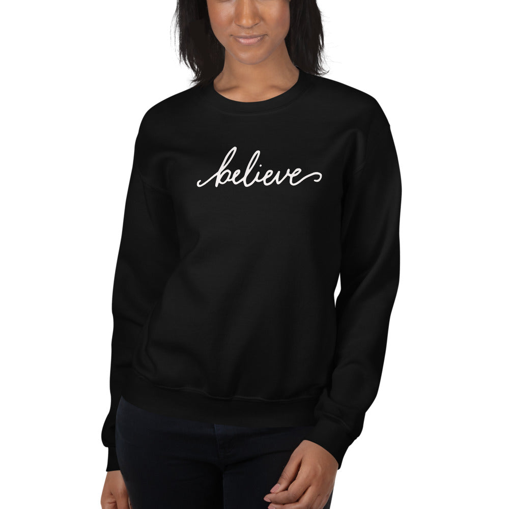 Black Believe Motivational Pullover Crewneck Sweatshirt for Women