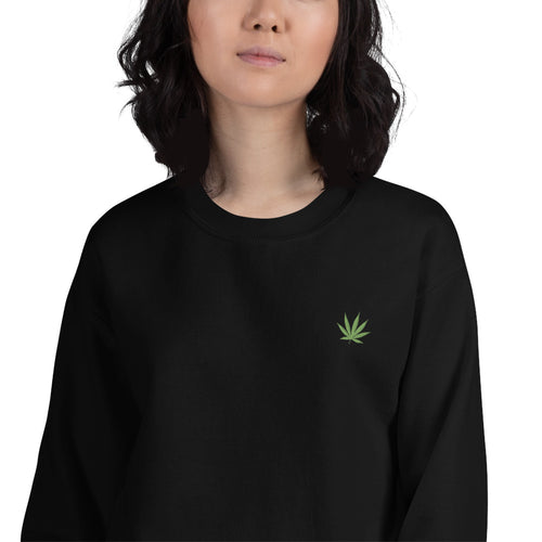 Green Weed Leaf Embroidered Pullover Crewneck Sweatshirt