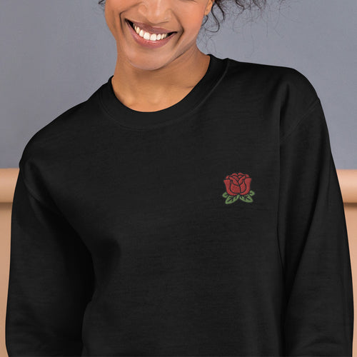 Embroidered Red Rose Flower Crewneck Sweatshirt for Women