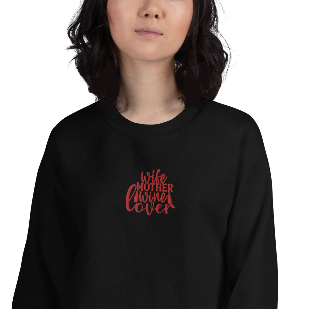 Wife Mother Wine Lover Embroidered Crewneck Sweatshirt