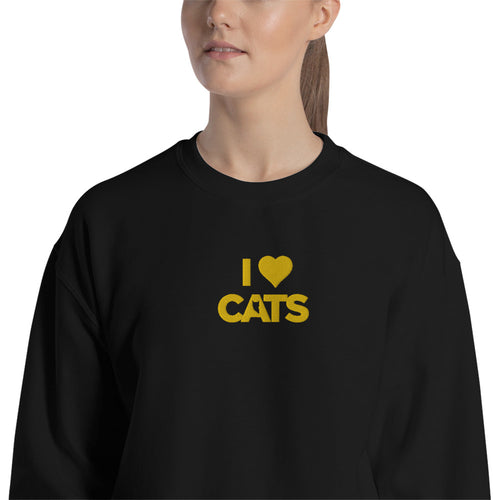 Embroidered I Love Cats Pullover Crewneck Sweatshirt