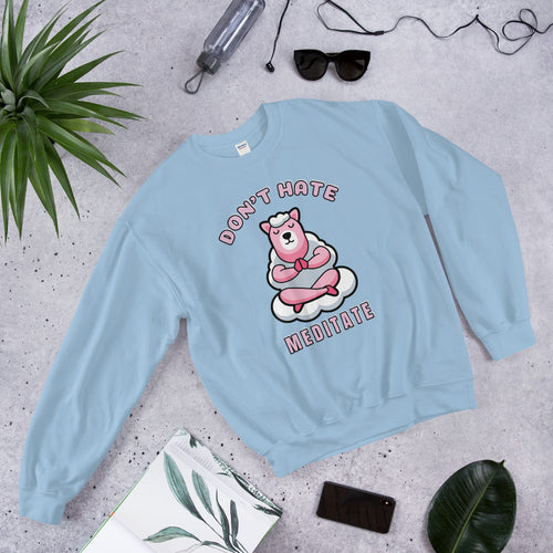 Don't Hate Meditate Pink Llama Crewneck Sweatshirt for Women