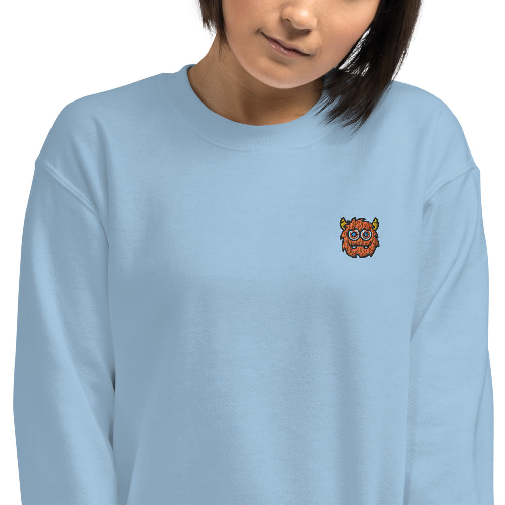 Cute Orange Monster Face Embroidered Pullover Crewneck Sweatshirt