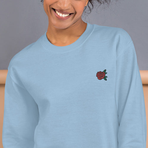 Red Rose Sweatshirt Embroidered Red rose Green Leafs Pullover Crewneck