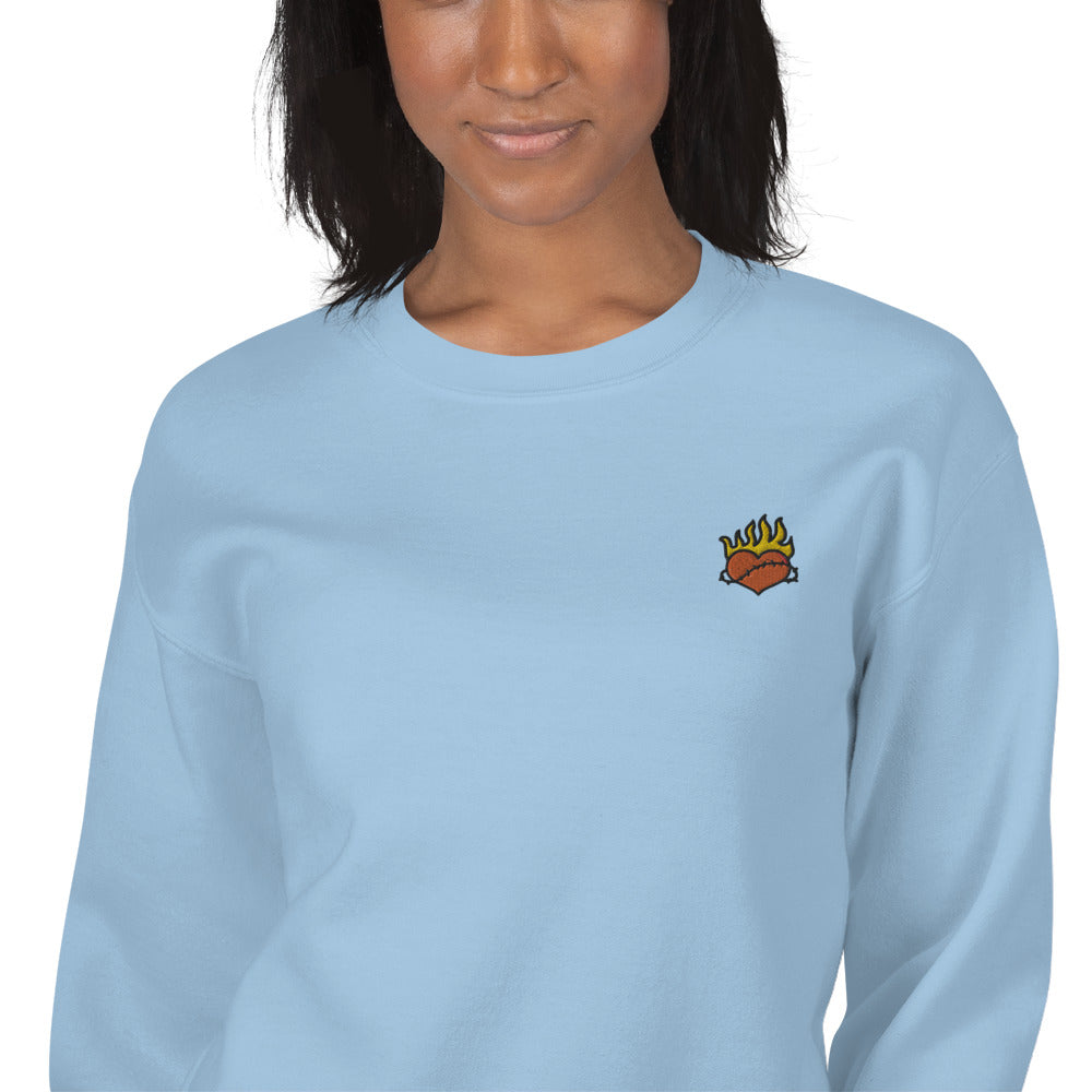 Heart on Fire Sweatshirt Embroidered Burning Heart Pullover Crewneck