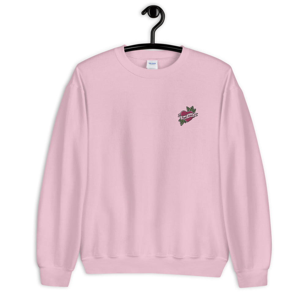 Cool Mom Heart Embroidered Pullover Crewneck Sweatshirt