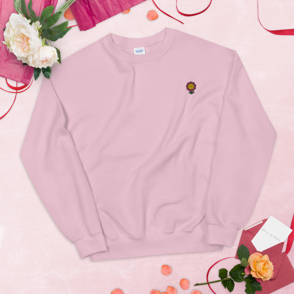 Cute Smiley Flower Face Embroidered Pullover Crewneck Sweatshirt