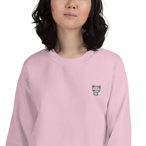 Kawaii Cat Embroidered Pullover Crewneck Sweatshirt for Women