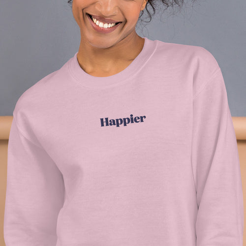 Happier Sweatshirt Embroidered Contented & Cheerful Pullover Crewneck