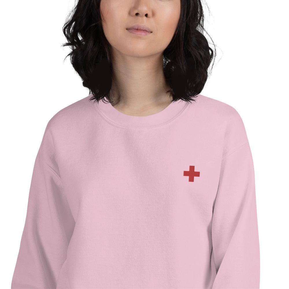 Hospital Symbol Sweatshirt Embroidered Red Cross Pullover Crewneck