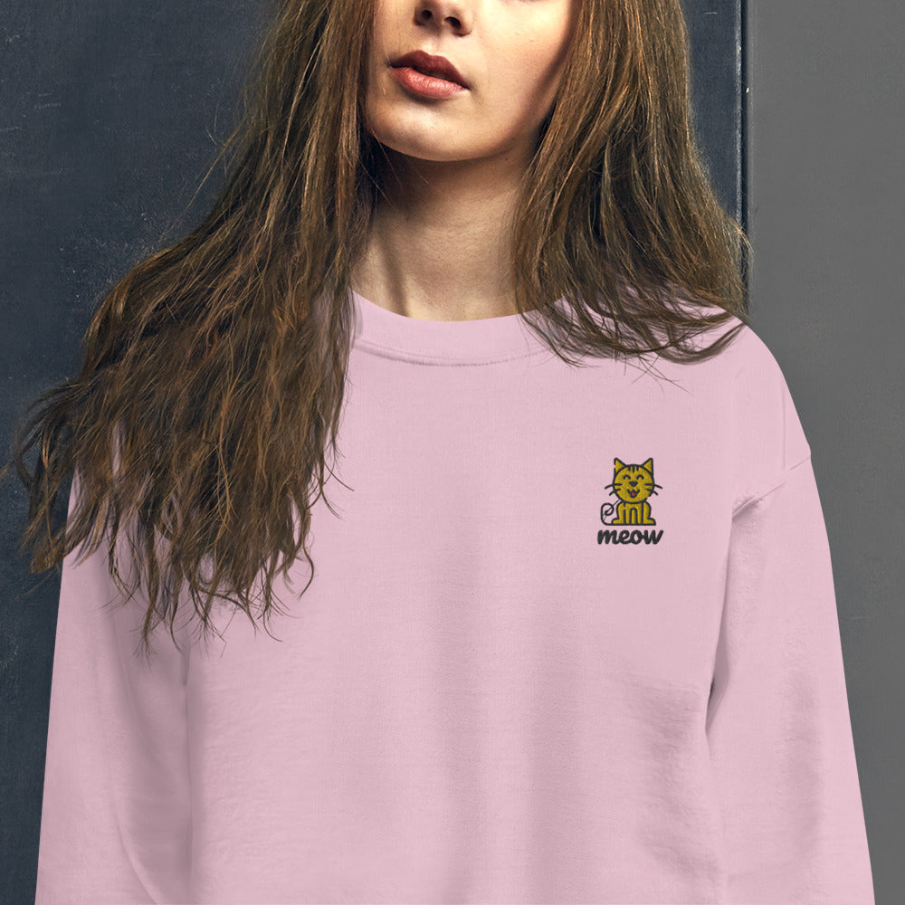 Embroidered Cute Cat Meow Pullover Crewneck Sweatshirt for Women